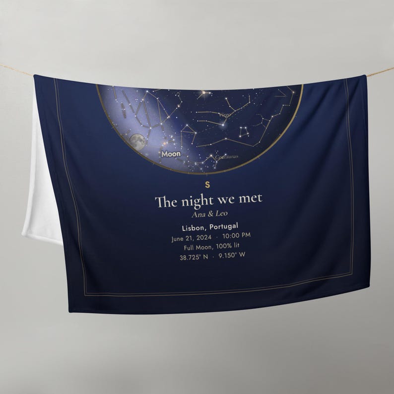Printful mockup of the star map throw blanket hanging on a line.
