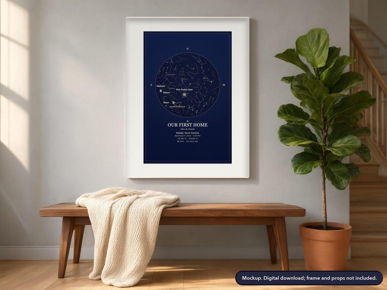 Star map print in a framed scene, example design (mockup)