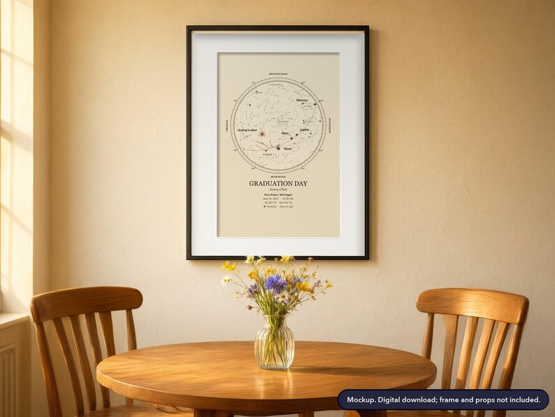 Star map print in a framed scene, example design (mockup)
