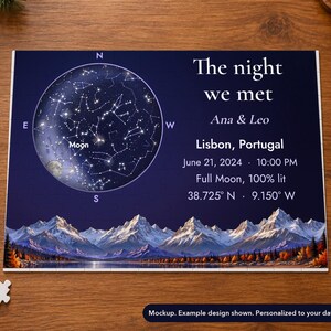 Landscape view of the painted-horizon star map jigsaw puzzle mockup in a holiday setting. Props not included.