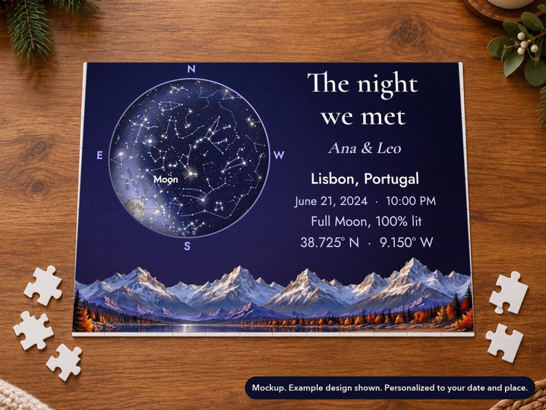 Landscape view of the painted-horizon star map jigsaw puzzle mockup in a holiday setting. Props not included.