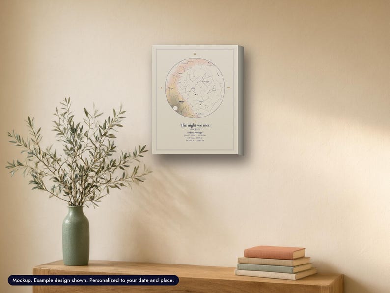 Canvas star map print, Cream Atlas look, 11 x 14 in, example design (mockup, digitally created room) Props not included.