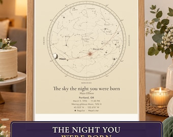 Mapa estelar personalizado para aniversário, o céu noturno no dia do seu nascimento (download digital)