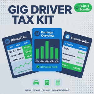 Può includere: Un kit fiscale 3-in-1 per autisti di piattaforme digitali composto da tre schede blu e verdi. Le schede mostrano un registro chilometrico, una panoramica dei guadagni con grafico a barre e una tabella delle spese con categorie e importi.
