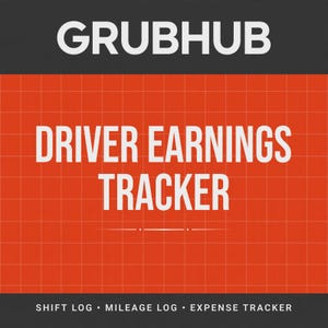 Puede incluir: Un gráfico rectangular con un borde superior e inferior gris oscuro y un fondo de cuadrícula naranja. El texto GRUBHUB aparece en la parte superior, seguido de DRIVER EARNINGS TRACKER en el centro, y SHIFT LOG, MILEAGE LOG, EXPENSE TRACKER abajo.
