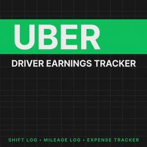 May include: A digital graphic for an Uber driver earnings tracker featuring a black background with a subtle grid pattern. The text UBER appears in large white letters on a green horizontal bar, followed by DRIVER EARNINGS TRACKER, SHIFT LOG, MILEAGE LOG, and EXPENSE TRACKER.