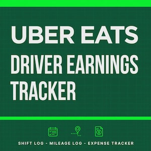 May include: A dark green digital tracker template with white text reading UBER EATS DRIVER EARNINGS TRACKER. Below are three green icons representing a calendar, a location pin, and a document with a dollar sign, labelled SHIFT LOG - MILEAGE LOG - EXPENSE TRACKER.