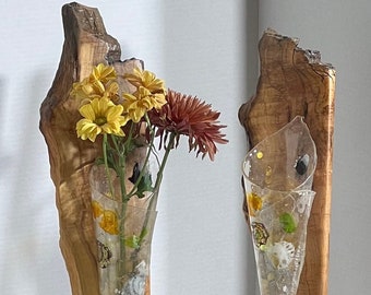 Live edge maple with hand dyed and shaped resin vessel.