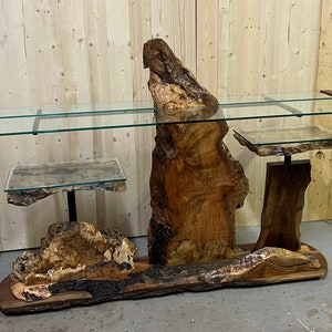 Live edge, glass and metal console/bourbon bar