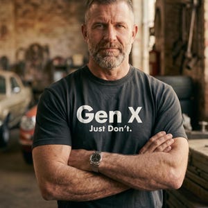 May include: A charcoal gray short-sleeved t-shirt featuring the white text "Gen X" on the top line and "Just Don't." on the line below. The shirt has a crew neckline and is made of a solid-colored cotton fabric with a standard fit.