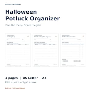 Könnte beinhalten: Ein dreiseitiger Halloween-Potluck-Organizer als digitaler PDF-Download mit Anmeldeformularen für Essen, Getränke und Zubehör sowie einer Checkliste für die Ankunft des Gastgebers, verfügbar in den Formaten US Letter und A4.