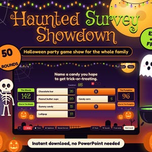 Könnte beinhalten: Ein digitales Halloween-Partyspiel mit dem Titel Haunted Survey Showdown, das eine Umfragefrage zu Süßigkeiten, Team-Ergebnisse für The Ghouls und The Pumpkins, einen Geist, ein Skelett, Kürbisse und einen Kessel zeigt.