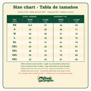 Size chart for the unisex Bella+Canvas 3001 t-shirt, sizes XS to 5XL, with width and length in inches and centimeters.