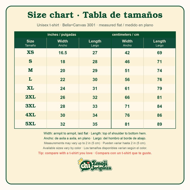 Size chart for the unisex Bella+Canvas 3001 t-shirt, sizes XS to 5XL, with width and length in inches and centimeters.