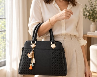 Satchel Bag Women, Vegan Leather Top Handle Handbag, Tassel Charm Shoulder Purse, Work Bag