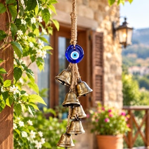 May include: A hanging ornament featuring a circular blue glass evil eye charm suspended by a thick jute rope. Attached to the rope are five brass-toned metal bells of varying sizes, arranged in a vertical cluster to create a decorative chime.