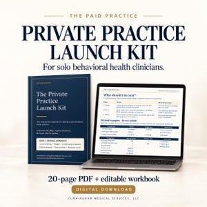 May include: A Private Practice Launch Kit for solo behavioural health clinicians, featuring a dark blue physical guide and a laptop displaying a digital workbook with tables, text, and financial data. Includes a 20-page PDF and editable workbook.