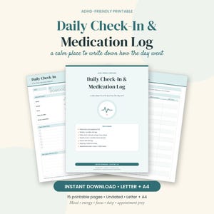 Puede incluir: Un registro diario de control y medicación imprimible con un esquema de colores verde azulado y blanco. El documento incluye secciones para el estado de ánimo, energía, enfoque, sueño y preparación de citas, con encabezados de texto.
