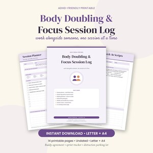 Body Doubling Printable for ADHD, Focus Session Log, Co-Working Planner, Sprint Tracker, Buddy Check-In Scripts, Letter and A4 PDF