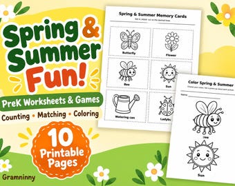 Frühlings- und Sommer-Arbeitsblätter für den Kindergarten, Memory-Karten, Zählen, Zuordnen, Ausmalen (Digitaler Download)