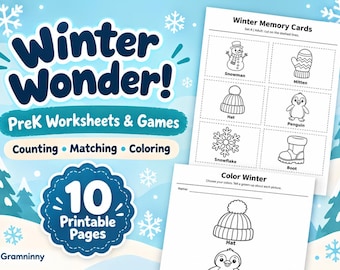 Winterliche Vorschul-Arbeitsblätter, Memory-Karten, Zählen, Zuordnen, Ausmalen (10 Seiten)