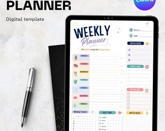 Plantilla de Canva para planificador estudiantil, planificador semanal imprimible, planificador de estudio editable, planificador digital para estudiantes, organizador de regreso a clases