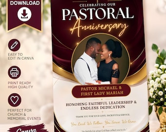 Plantilla de folleto para aniversario pastoral, folleto de agradecimiento al pastor, plantilla de Canva para aniversario de la iglesia, folleto editable para celebración de la iglesia.