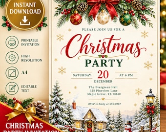 Invitación para fiesta de Navidad, plantilla editable de Canva, invitación para fiesta navideña, folleto navideño, invitación imprimible en tamaño A4, País de las Maravillas Invernal