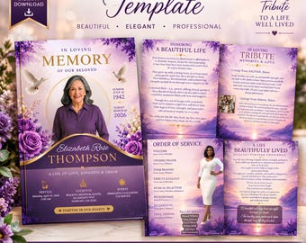 Plantilla de programa funerario en Canva, folleto de obituario editable, programa conmemorativo de celebración de vida en color púrpura, orden de servicio imprimible.