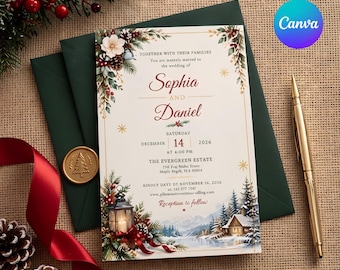 Plantilla de invitación de boda de invierno, invitación de boda navideña editable en Canva, invitación de boda rústica de pino imprimible en tamaño A4, invitación de boda de hoja perenne