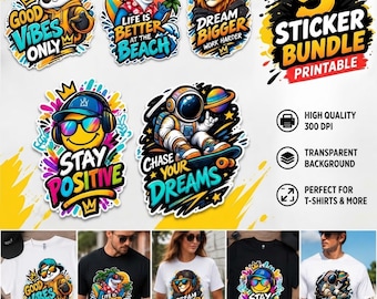 Paquete de pegatinas PNG, pegatinas con frases motivacionales para imprimir, diseño de camisetas de graffiti, pegatinas PNG con el mensaje "Good Vibes Stay Positive" para sublimación, 300 DPI.