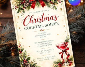 Invitación para cóctel navideño, plantilla editable de Canva, invitación para fiesta navideña, invitación para bebidas navideñas, plantilla imprimible A4