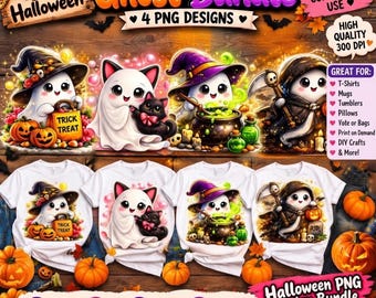 Paquete de imágenes PNG de fantasmas de Halloween, diseños de sublimación de fantasmas adorables, imágenes PNG para camisetas de la temporada de Halloween, uso comercial, imágenes prediseñadas de Halloween, descarga digital.