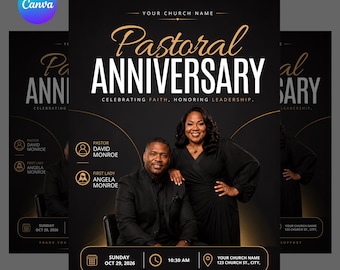 Plantilla editable para folleto de aniversario pastoral, celebración de la iglesia en negro y dorado (Canva)