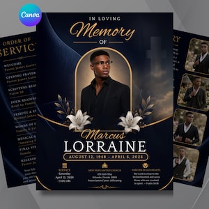 May include: A funeral program template titled In Loving Memory of Marcus Lorraine, featuring a portrait of a man in a black suit, gold text, white lilies, and service details for April 12, 2026, at New Hope Baptist Church in Orlando.