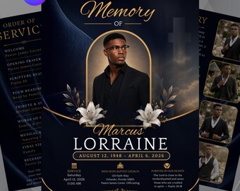 Editable Funeral Program Template, Memorial Service Program, Navy Blue Gold Obituary Template, Canva Funeral Brochure