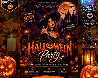 Plantilla de folleto para fiesta de Halloween, invitación para fiesta de Halloween, fiesta de disfraces terrorífica, póster para evento de Halloween, descarga digital.