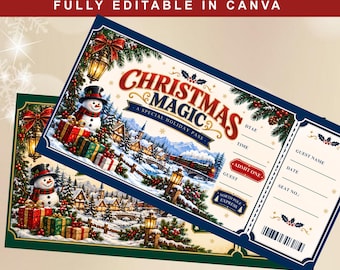 Plantilla de boleto navideño en Canva, boleto navideño editable, boleto para eventos navideños, boleto para fiestas navideñas, plantilla de boleto digital