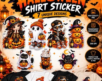 Paquete de imágenes PNG de Halloween, lindo fantasma, bruja, esqueleto, calabaza, gato negro, diseño de sublimación para camisetas de la temporada espeluznante, descarga digital de otoño