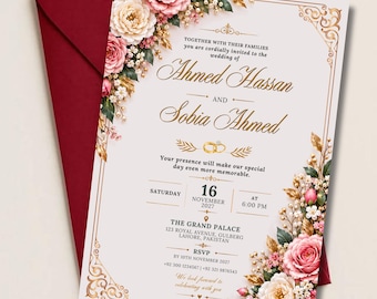 Plantilla de invitación de boda de Canva, elegante invitación floral, invitación de boda en rosa y oro rosa, descarga digital editable e imprimible.
