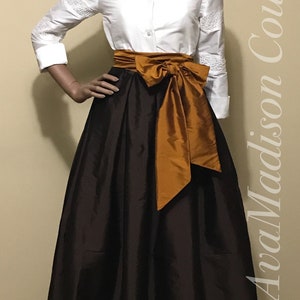 Classic Fine DARK BROWN Silk Taffeta Box Pleated MAXI Skirt. Ball Gown Skirt. Sash. Pockets. Womens. Handmade. Other Colors Available