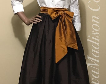 Classic Fine DARK BROWN Silk Taffeta Box Pleated MAXI Skirt. Ball Gown Skirt. Sash. Pockets. Womens. Handmade. Other Colors Available