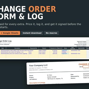 Construction Change Order Form & Log Template (Excel, Google Sheets)