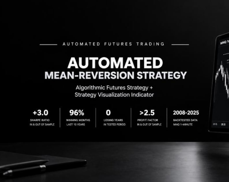 May include: A black digital display featuring white text that reads Automated Futures Trading, Automated Mean-Reversion Strategy, and Algorithmic Futures Strategy + Strategy Visualization Indicator, with performance metrics including a 3.0 Sharpe ratio.