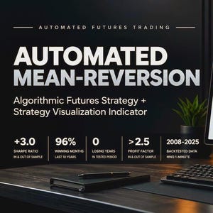 Puede incluir: Una pantalla digital negra con texto blanco que dice AUTOMATED FUTURES TRADING, AUTOMATED MEAN-REVERSION y Algorithmic Futures Strategy + Strategy Visualization Indicator. Las estadísticas incluyen un ratio de Sharpe de +3.0 y 96% de meses ganadores.