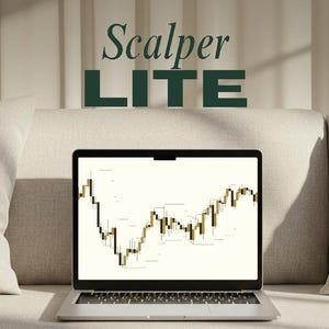 May include: A silver laptop displaying a financial candlestick chart on its screen. Above the laptop, the text Scalper LITE is written in dark green letters. The screen shows a series of gold and black vertical bars representing data.