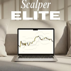 Puede incluir: Un portátil plateado muestra un gráfico financiero de velas en su pantalla. Sobre el portátil, el texto Scalper ELITE está escrito en una fuente blanca, grande y negrita. La pantalla muestra puntos y líneas de datos amarillos y negros.