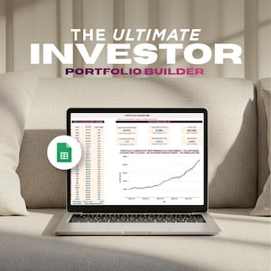 May include: A laptop displaying a portfolio dashboard with financial data, charts, and a green spreadsheet icon. The screen shows text titled THE ULTIMATE INVESTOR PORTFOLIO BUILDER, featuring tables of stock data and a cumulative performance line graph.