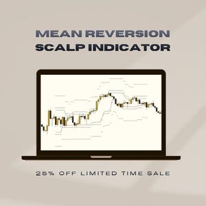 May include: A laptop screen displaying a financial candlestick chart with the text MEAN REVERSION SCALP INDICATOR and 25% OFF LIMITED TIME SALE. The chart features yellow and black candlesticks with horizontal lines indicating price levels.