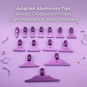 May include: A set of purple aviation aluminum tips with an anodic oxidation process finish. The tips are numbered 2 through 10, 12, 15, 20, and 25. Text reads: Aviation Aluminum Tips, Anodic Oxidation Process, High Hardness & Wear Resistant.